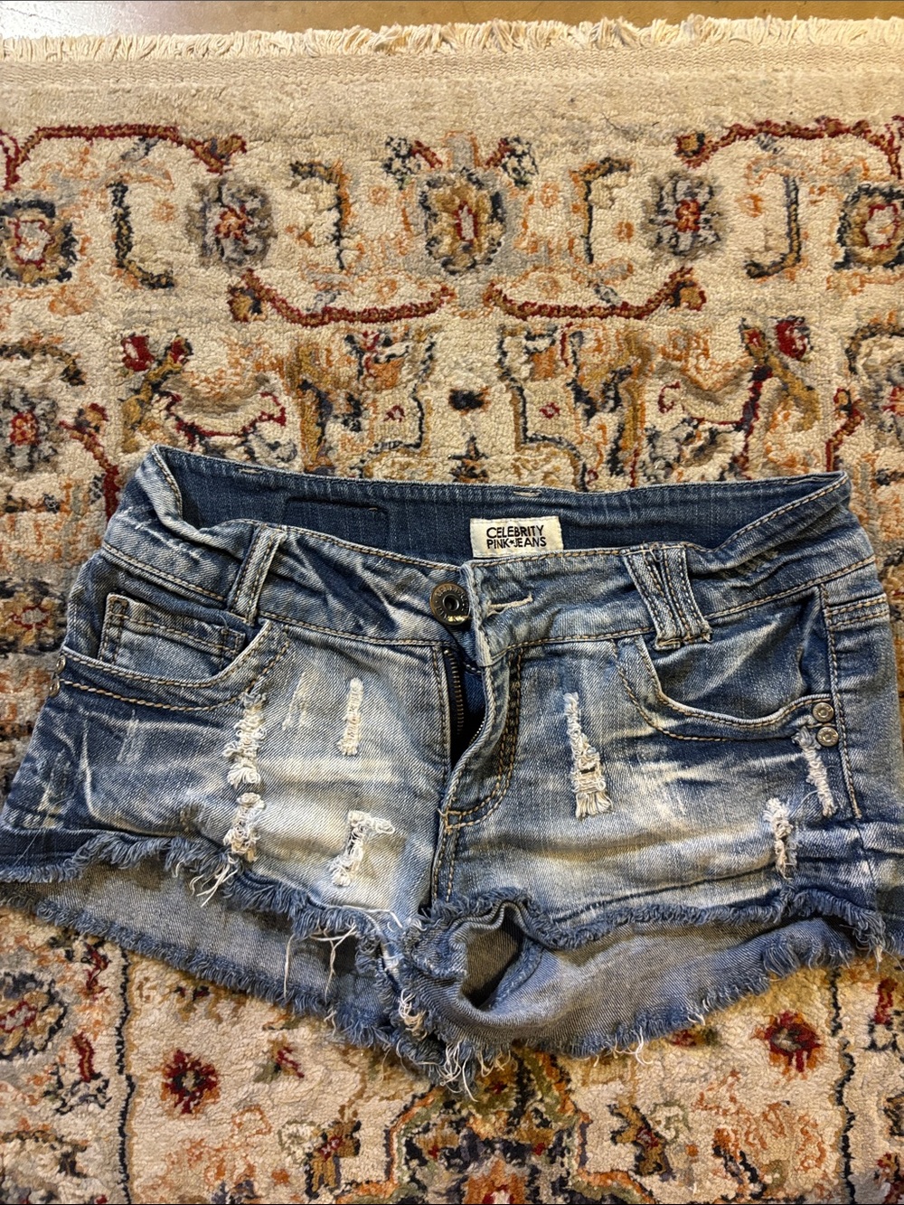 Celebrity Pink Light Blue Distressed Denim Shorts